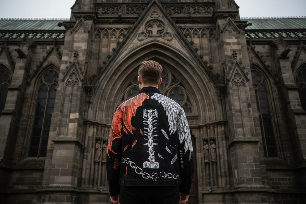 black denim jacket streetwear devil and angel wing design gothic 