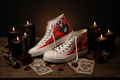 Hand Painted Gothic Sneakers Occult Symbol Baphomet Sneakers Occult Flat Lay