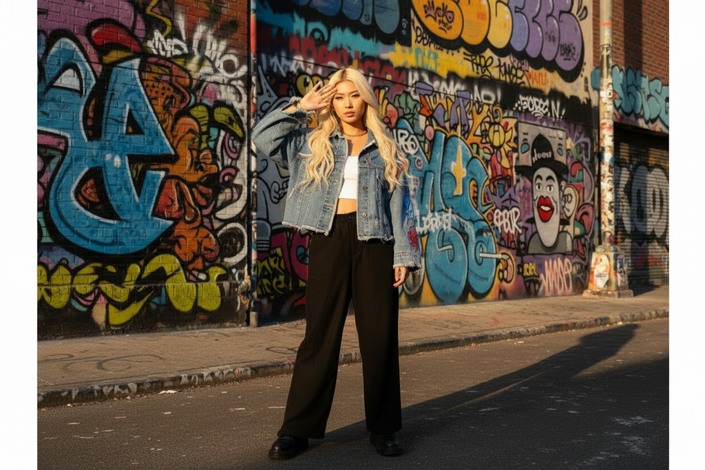 Person wearing a black oversized distressed denim jacket with colorful hand-painted street art for a grunge aesthetic outfit