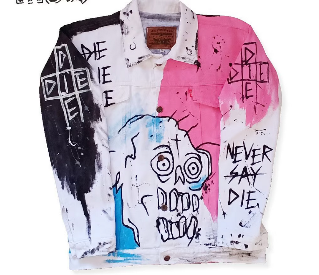 Hand painted lil peep rapper custom in denim jacket street art Never Say Die