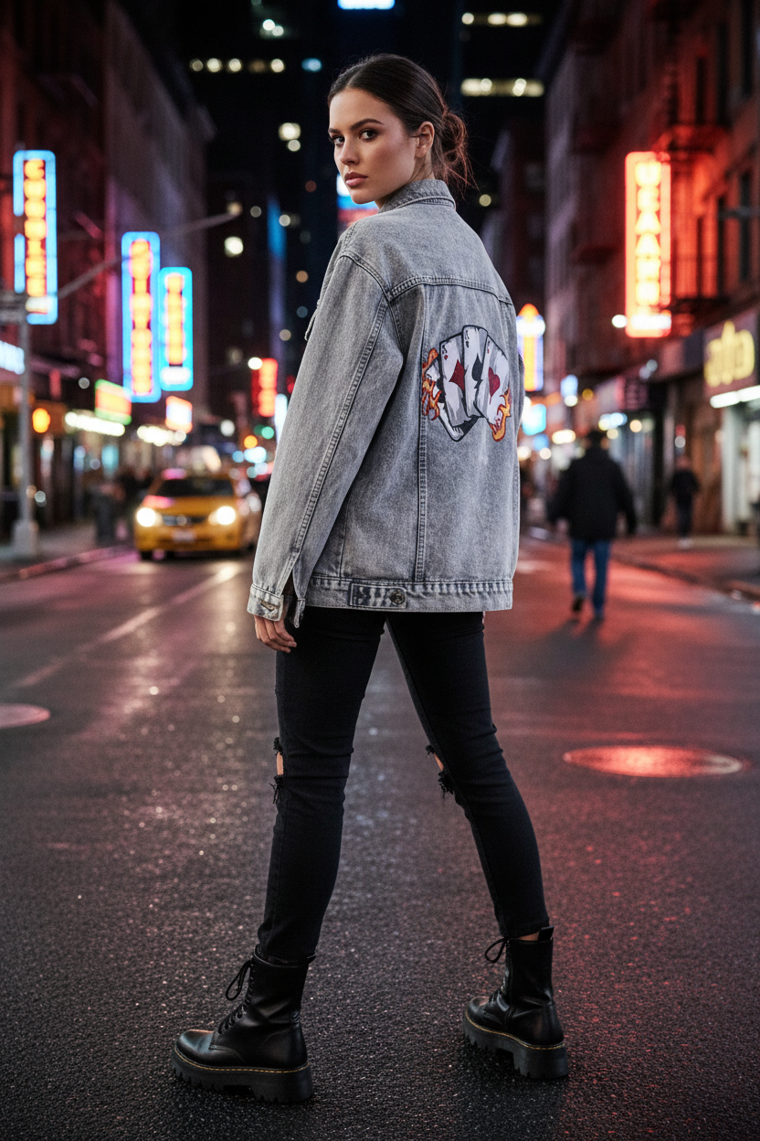 Unique Gift for Card Players Female Model card game Ace denim jacket 
