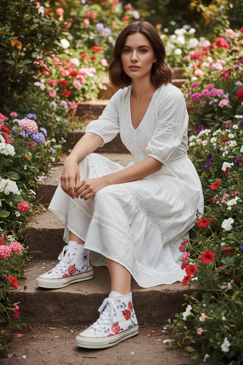 floral streetwear Female Model Rose Sneakers Garden Japanese Minimalist Art
