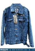 Blue denim jacket with brand logo on a white background