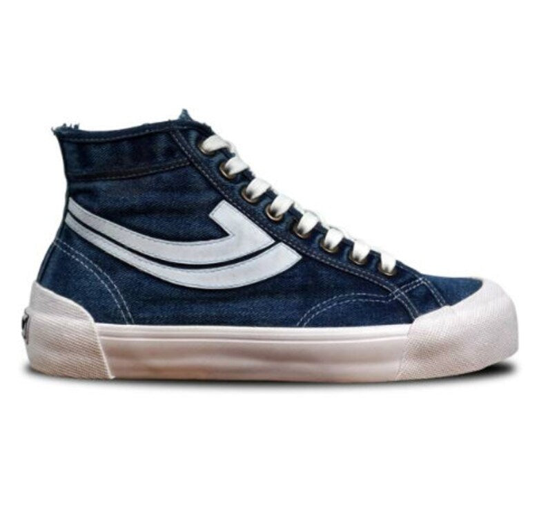 Navy Blue high-top sneaker with white stripes and laces on a white background