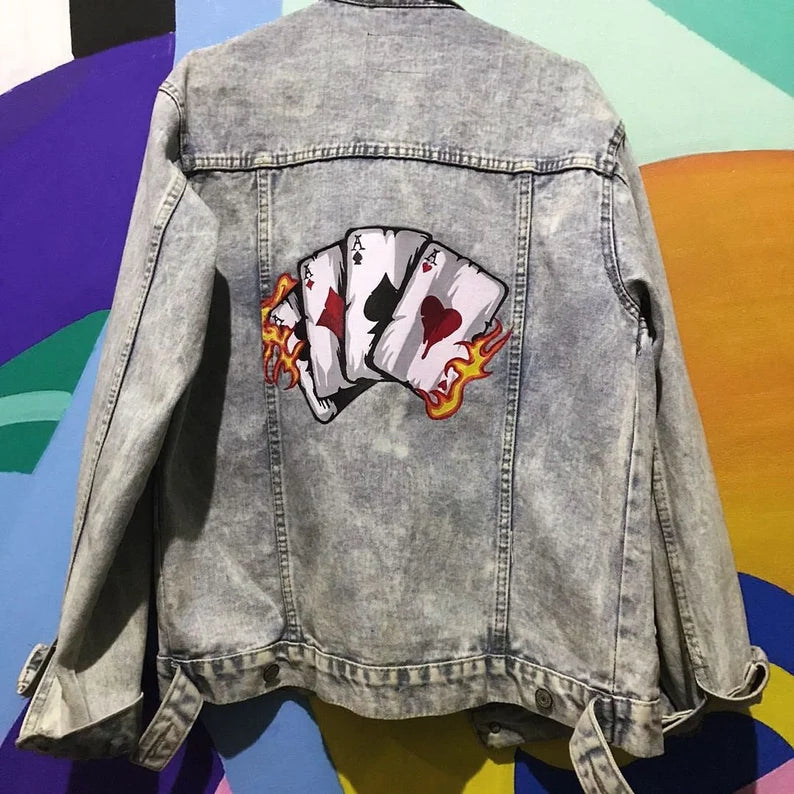 Hand Painted Vintage US Denim jacket with a card design patch on a colorful background