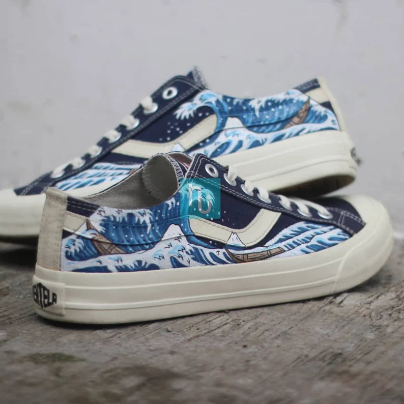 Great Wave off Kanagawa Pair of sneakers with wave pattern on a textured surface