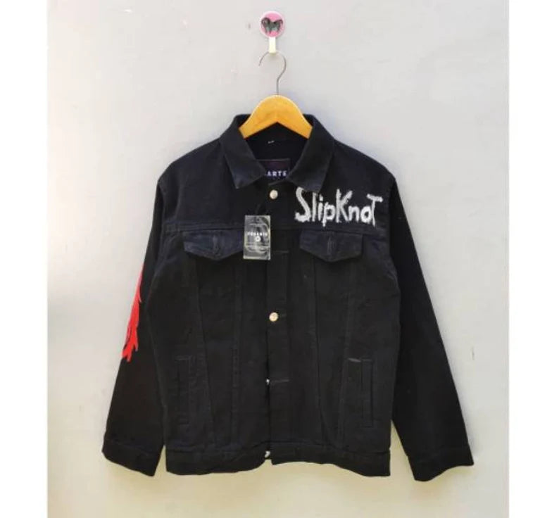 Slipknot Fan Art US Black jacket with 'SlipKnot' logo on a hanger against a white wall
