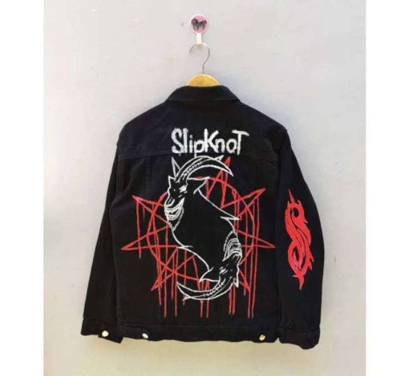 punk genre Black jacket with Slipknot logo on a hanger against a white background  