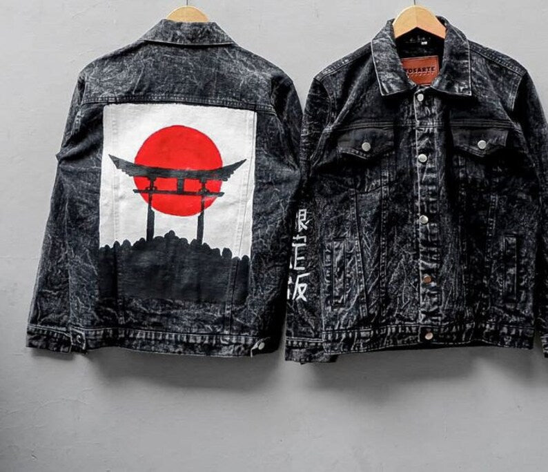Harajuku torii gate in denim jacket street style art from japan concert outfit ideas