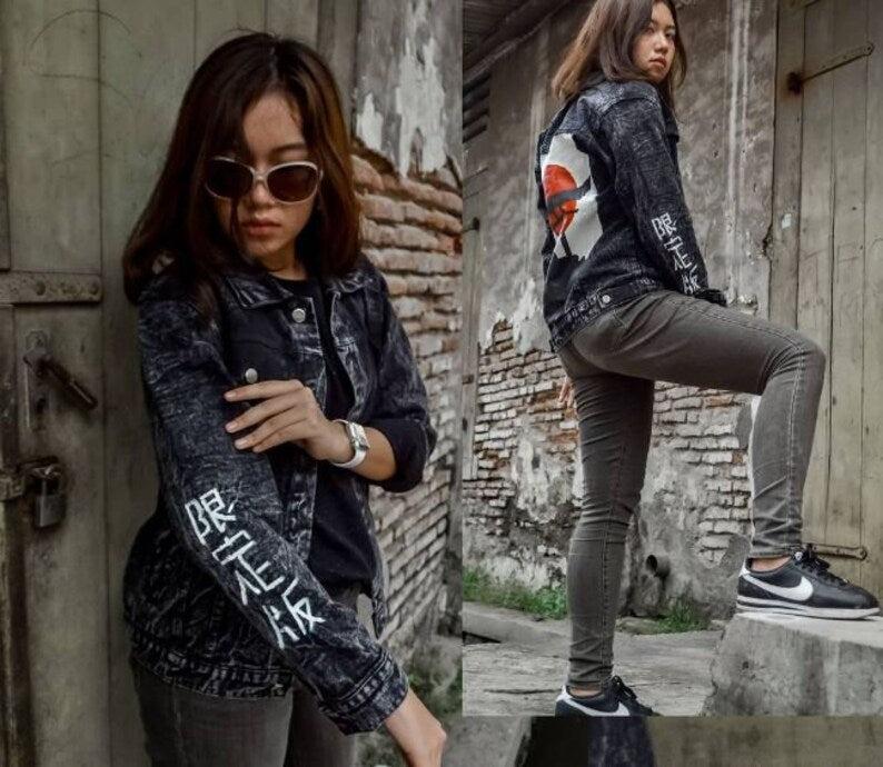 Harajuku torii gate in denim jacket street style art from japan concert outfit ideas