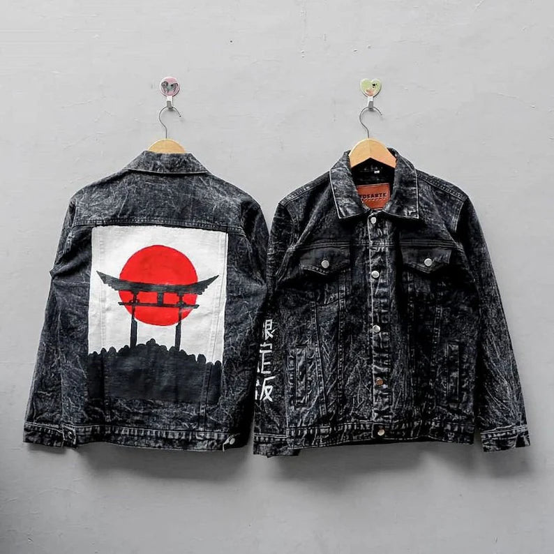 Harajuku torii gate in denim jacket street style art from japan concert outfit ideas