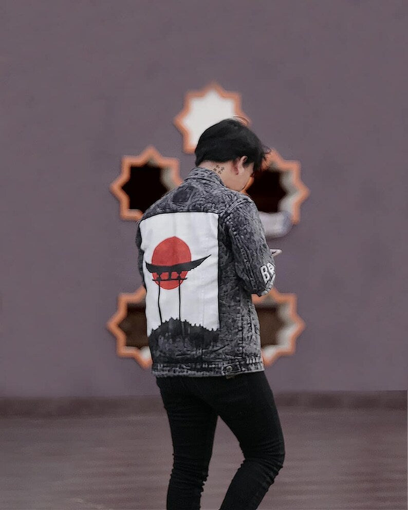 Harajuku torii gate in denim jacket street style art from japan concert outfit ideas