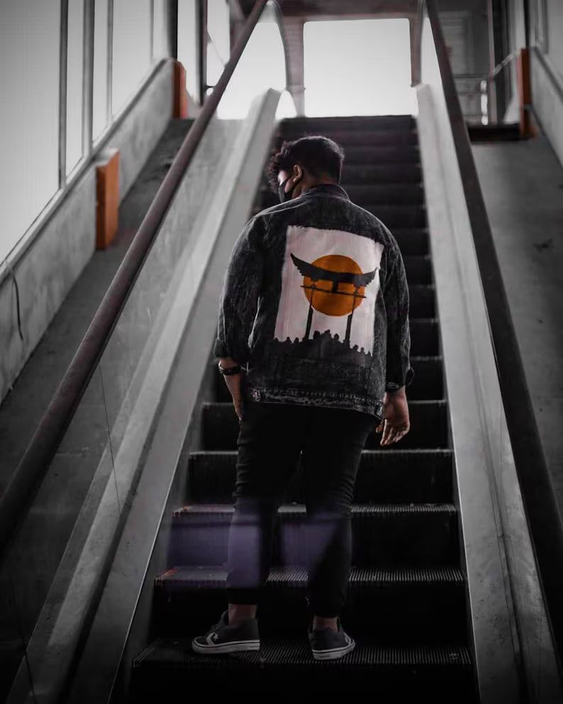 Harajuku torii gate in denim jacket street style art from japan concert outfit ideas