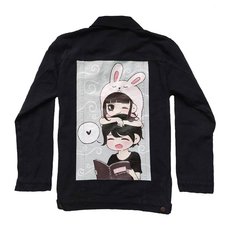 hand-painted denim jacket with cute colorful cartoon characters for a Korean style outfit