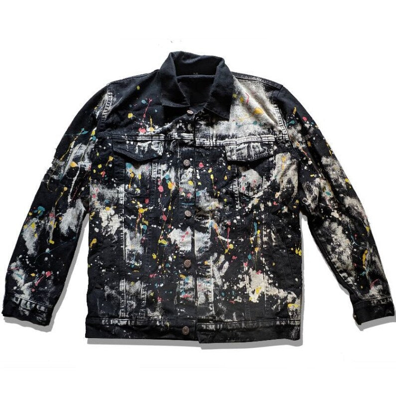 korean streetwear Black denim jacket with colorful splatter paint design on a white background