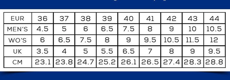 Size chart for men's and women's clothing with measurements in EUR, CM, and UK.