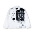Hand Painted Cartoon White denim jacket with black graphic design and text on a white background