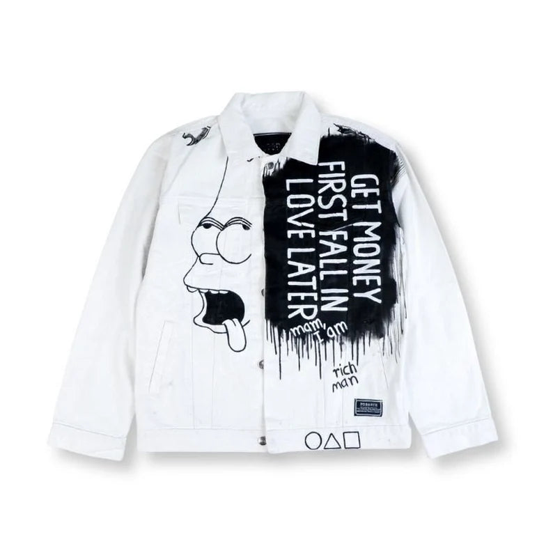Hand Painted Cartoon White denim jacket with black graphic design and text on a white background