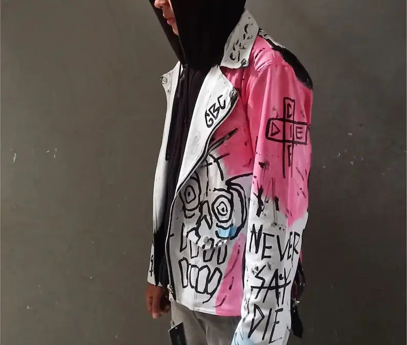 lil peep rapper custom leather jacket street art Never Say Die