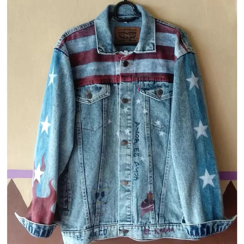 Hand Painted Marvel Denim jacket with American flag design on a beige background