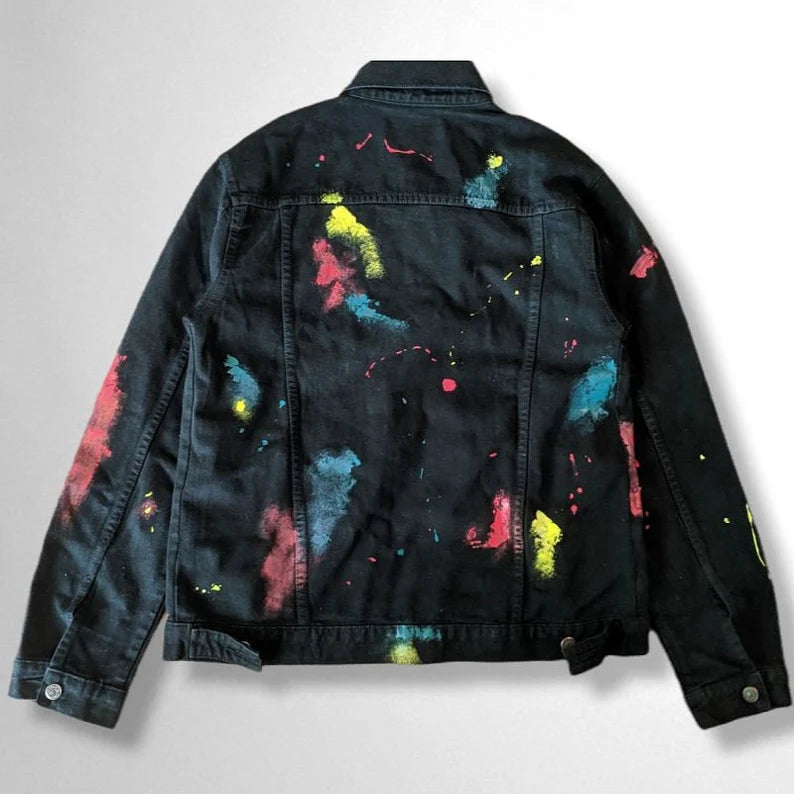 black denim jacket with colorful splashes and stripes street style artistic painting