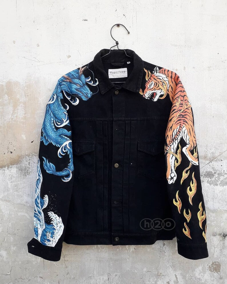 blue dragon Liong and Barongsai tiger in denim jacket with street design