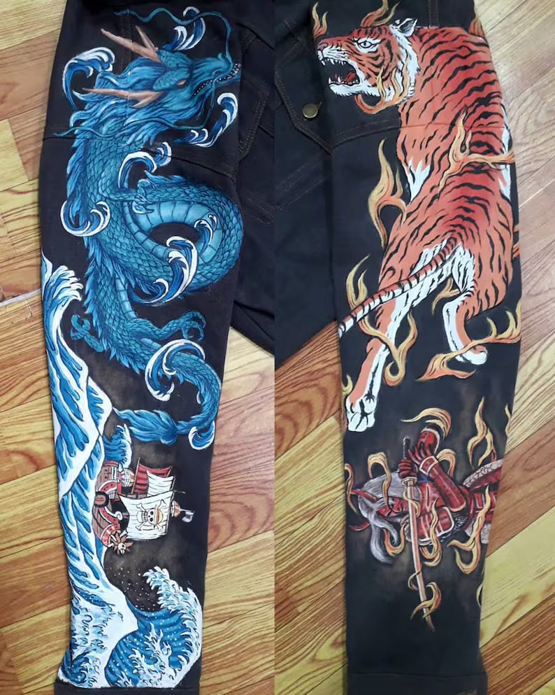 blue dragon Liong and Barongsai tiger in denim jacket with street design