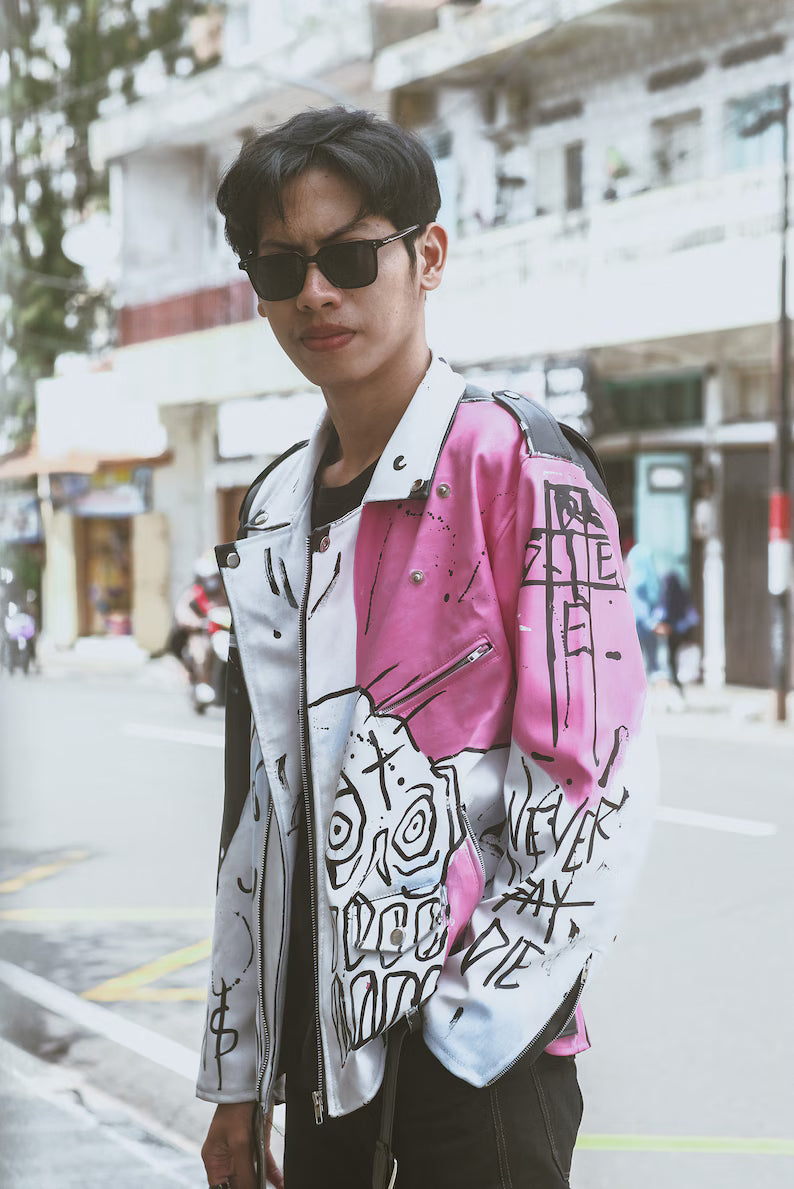 lil peep rapper custom leather jacket street art Never Say Die