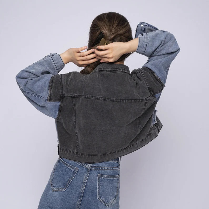 Aesthetic Street Art: Black and Blue Denim Crop Jacket - Unique Artwork by Street Artist