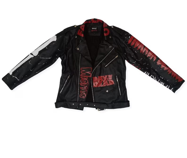 The Misfits Black jacket with red and white text and designs on a white background Horror Punk