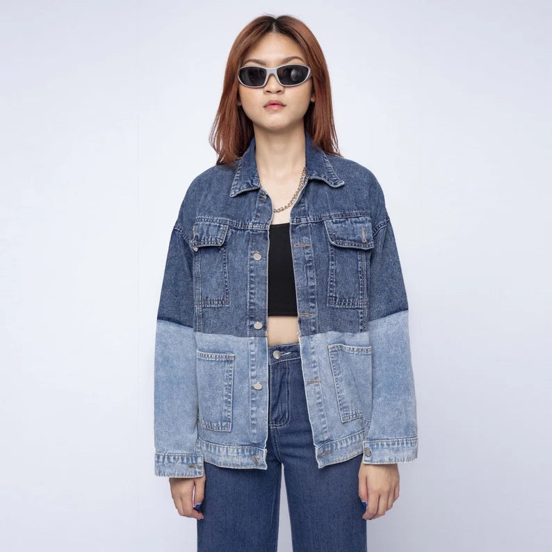 Urban Minimalist Person wearing a blue denim jacket and sunglasses against a white background