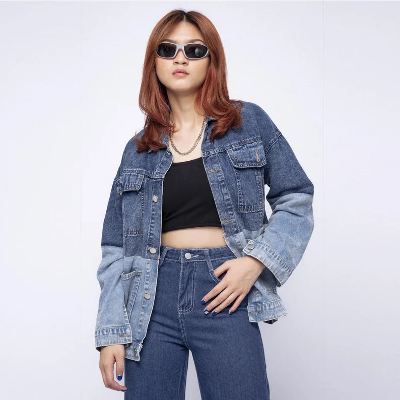 Person wearing a Two Tone Denim Jacket and jeans on a plain background