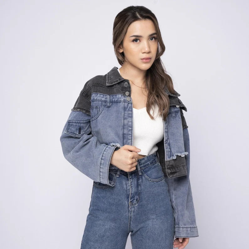 Aesthetic Street Art: Black and Blue Denim Crop Jacket - Unique Artwork by Street Artist