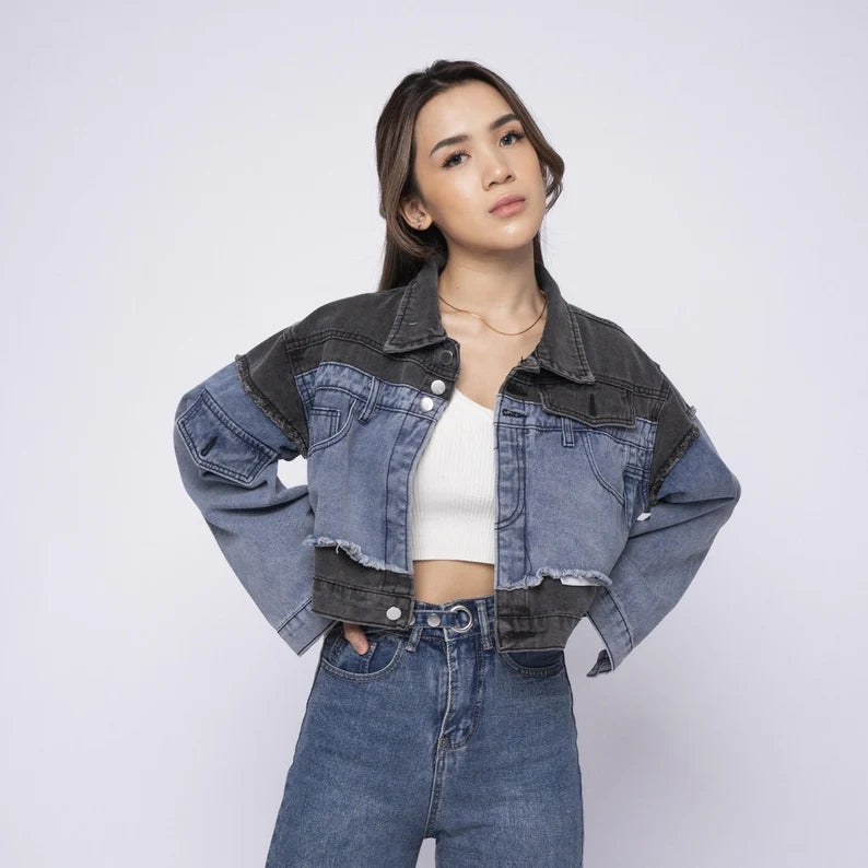 Aesthetic Street Art: Black and Blue Denim Crop Jacket - Unique Artwork by Street Artist