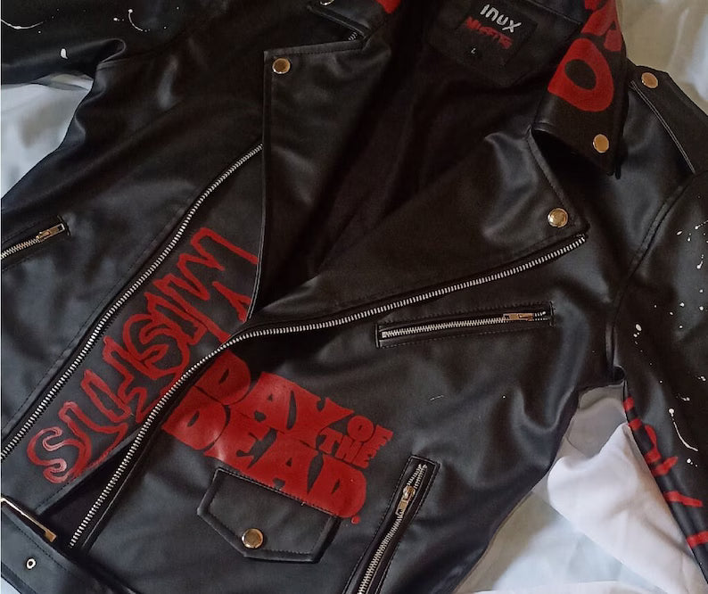 Crimson Ghost skull Black leather jacket with red text and branding on a white background