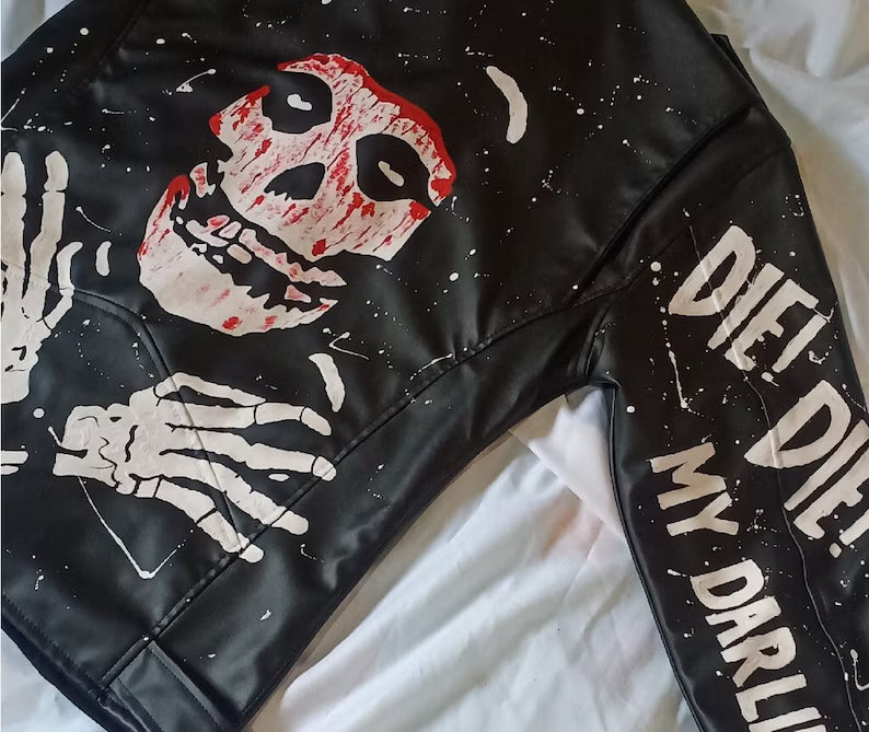 Gothic Biker Streetwear Black leather jacket with skeleton design and 'Die! Die! My Darling' text on a white background