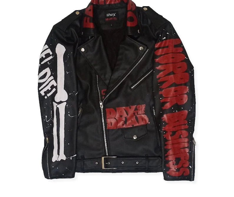 Horror Punk Outfit Ideas Black leather jacket with red and white text and graphics on a white background