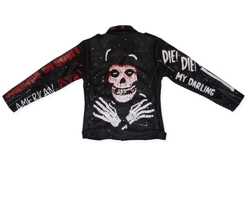 hand-painted Misfits biker leather jacket with skull design and text on a white background