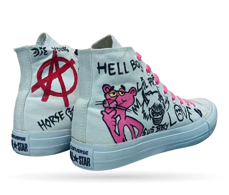 Custom Hand-Painted Lil Peep White high-top sneakers with black and red graphics on a white background