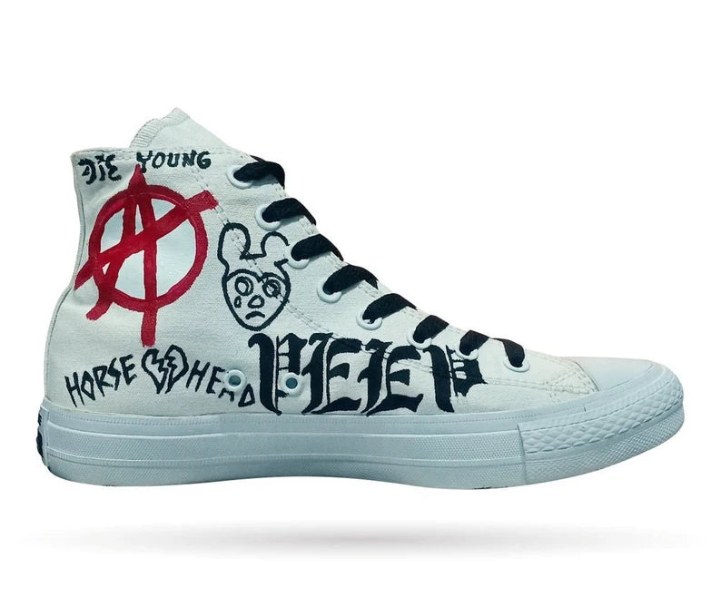 Hand Painted Emo lil peep White high-top sneaker with black and red graphics on a white background