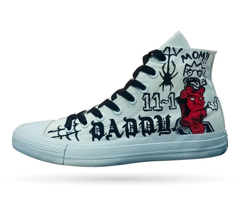 Punk Rock lil peep White high-top sneaker with black text and red graphic on a white background