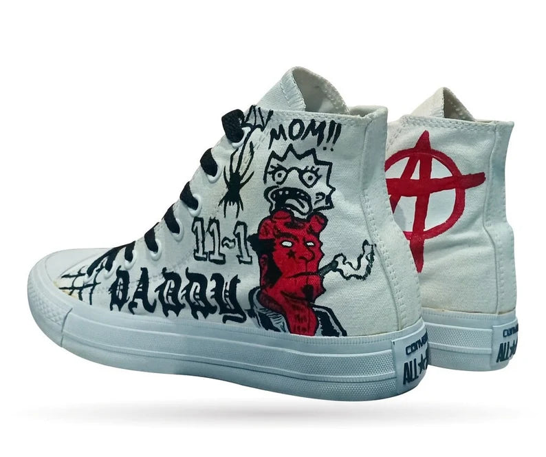 Premium Punk-Rap lil peep White high-top sneakers with black, red, and white graphics on a white background