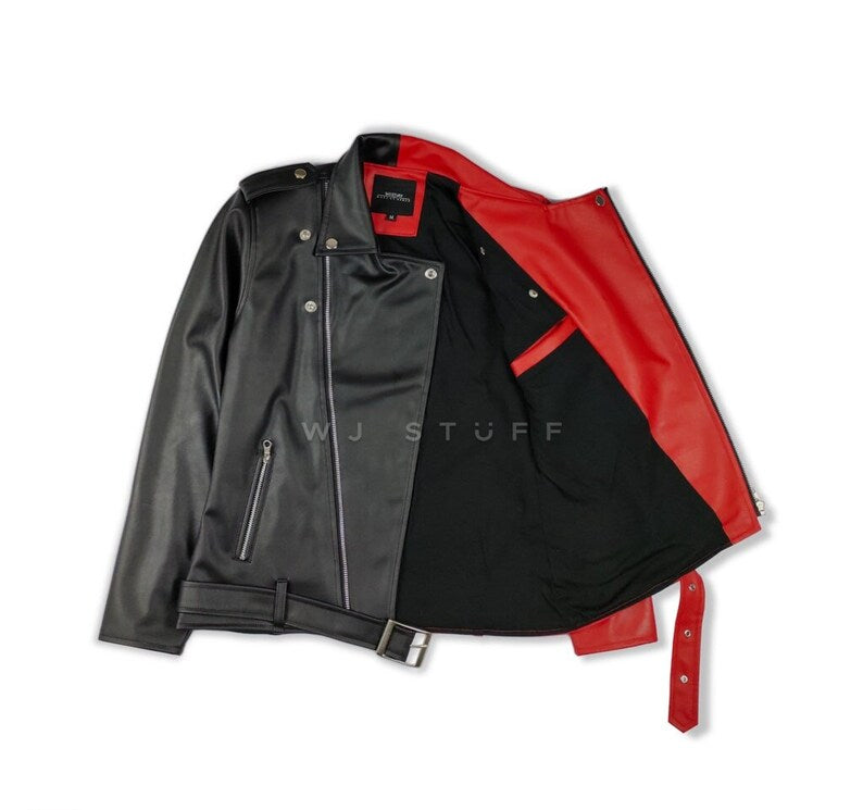 The Minimalist Black and red leather jacket on a white background with 'WJ Stuff' branding.
