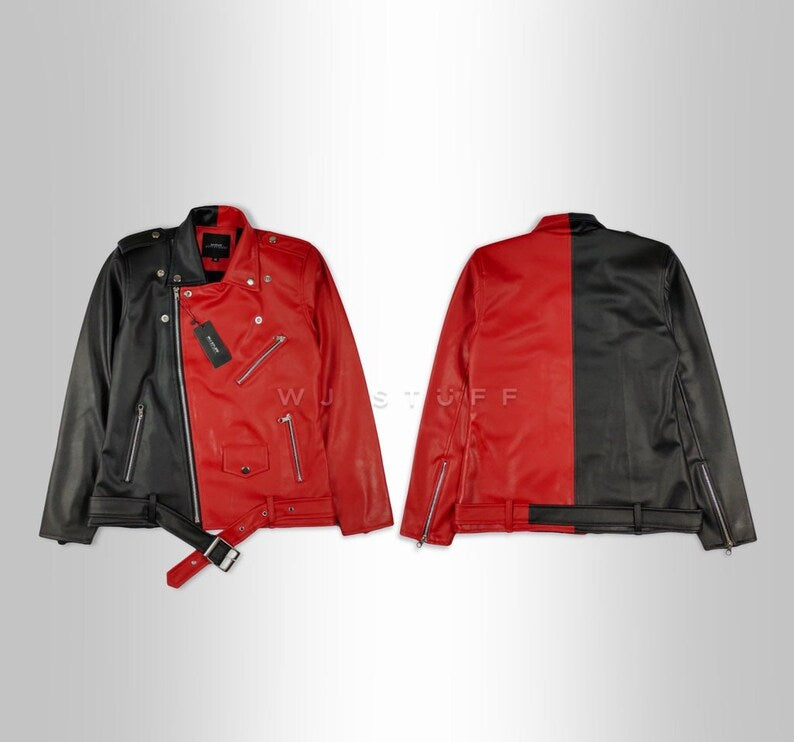 Alternative Biker Fashion Red and black leather jacket shown from front and back on a gray background