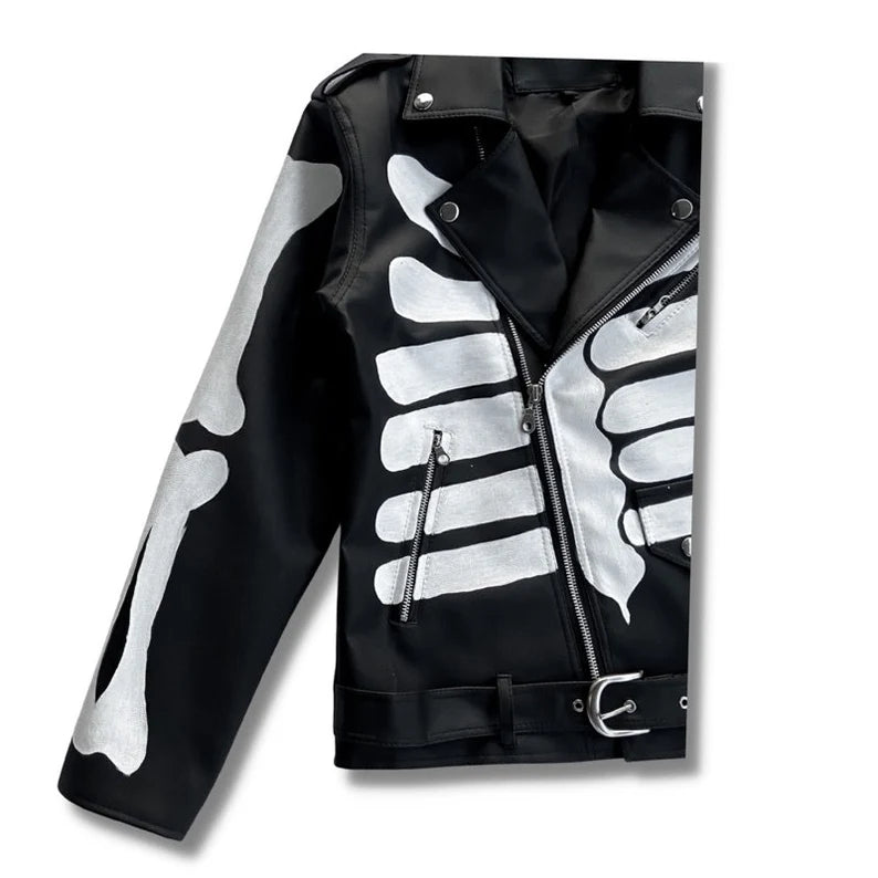 Hand-Painted Black Leather Jacket with Human Bone Motif Design