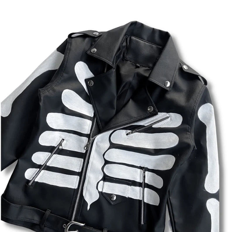 Hand-Painted Black Leather Jacket with Human Bone Motif Design