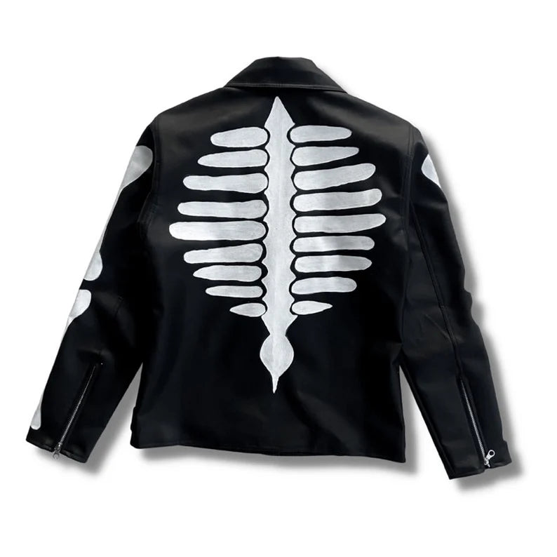 Hand-Painted Black Leather Jacket with Human Bone Motif Design