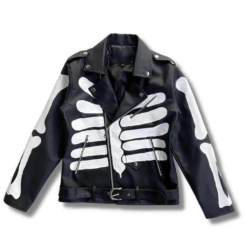 Hand-Painted Black Leather Jacket with Human Bone Motif Design