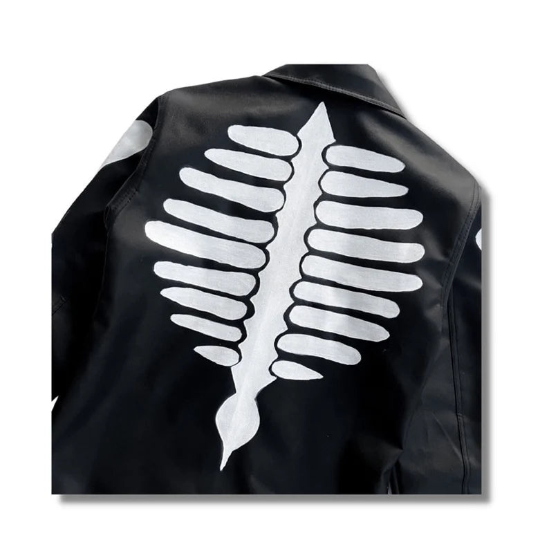Hand-Painted Black Leather Jacket with Human Bone Motif Design
