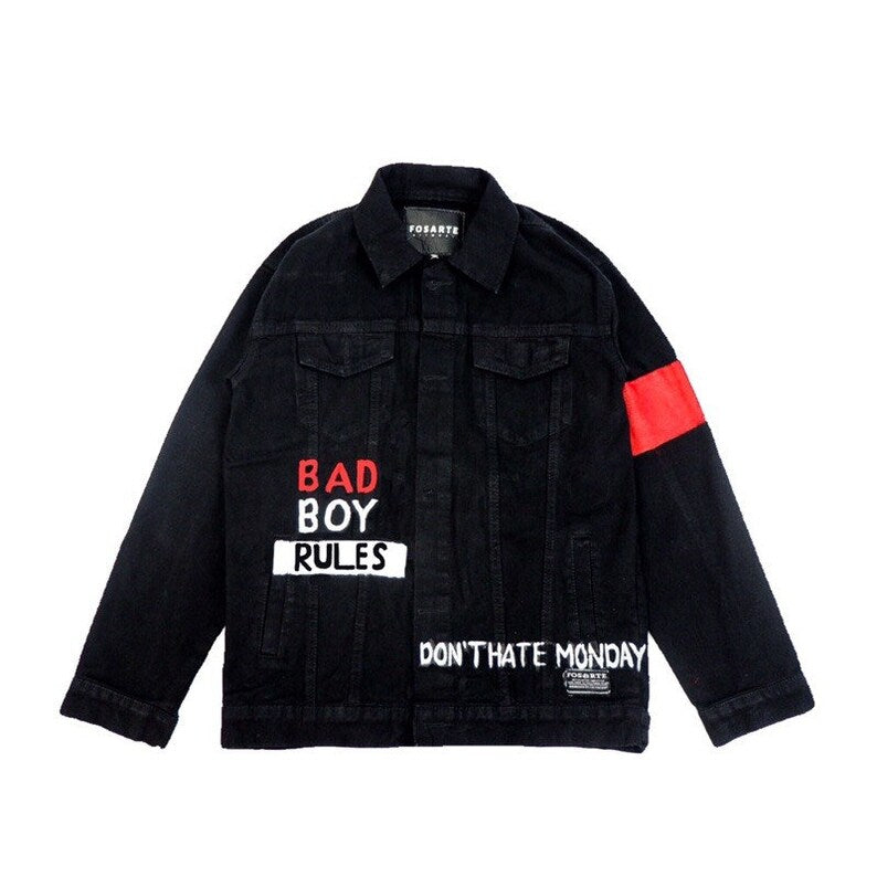 Black jacket with text and red sleeve on a white background